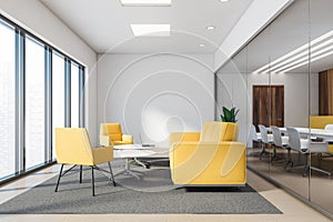 Yellow and wood office lounge with yellow sofas