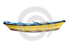 Yellow wooden fishing boat isolated on white background