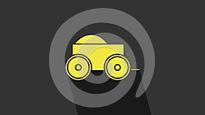 Yellow Wooden four-wheel cart with hay icon isolated on grey background. 4K Video motion graphic animation