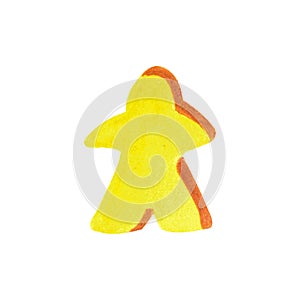 Yellow wooden meeple isolated on white background. Watercolor hand drawn illustration in cartoon style