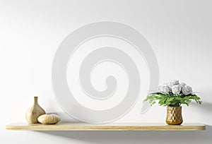 Shelf with bouquet of white roses in copper vase over white wall 3d rendering