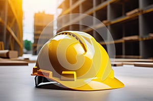 yellow worker safety helmet, work helmet, construction site, sunny day