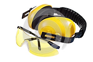 Yellow working goggles And headphones