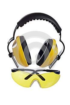 Yellow working goggles And headphones