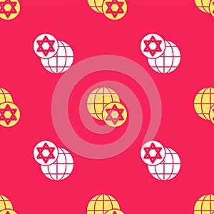 Yellow World Globe and Israel icon isolated seamless pattern on red background. Vector