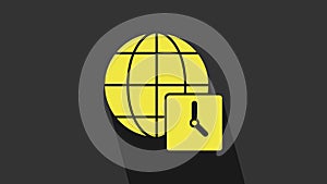 Yellow World time icon isolated on grey background. Clock and globe. 4K Video motion graphic animation