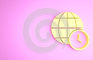 Yellow World time icon isolated on pink background. Clock and globe. Minimalism concept. 3d illustration 3D render