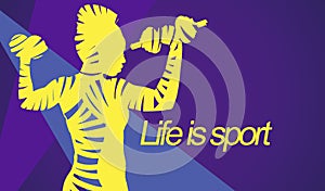 Yellow zebra silhouette of athletic woman with dumbbells over purple