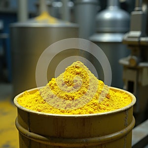 Yellowcake uranium oxide powder in industrial container at uranium processing facility