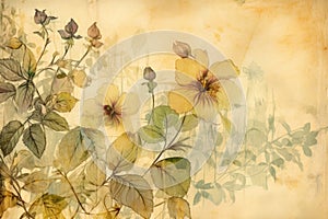 Yellowed paper texture with watercolor floral illustrations and faded handwriting