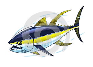 Yellowfin Tuna Fish Hand Drawn Illustration in Fast Motion