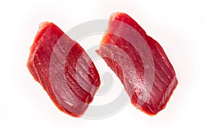 Yellowfin tuna fish steaks isolated on a white background