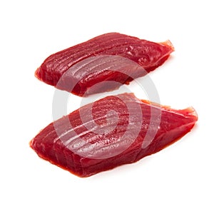 Yellowfin tuna fish steaks isolated on a white background