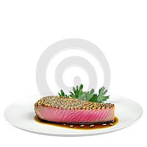 yellowfin tuna steak, grilled with a peppercorn crust, acompanied by a sprig
