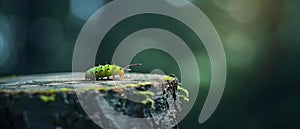 Yellowgreen caterpillar crawling on a stump. Concept Nature, Insects, Wildlife, Close-up Photography