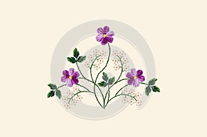 Yellowish background with a pattern for embroidery satin stitch bouquet of purple violets and twigs with white flowers