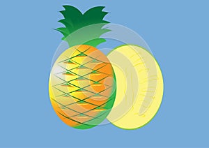 Yellowish green pineapple fruit Yellow inside Full and half results Light blue background