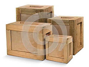 Yellowish wooden crates isolated on white background