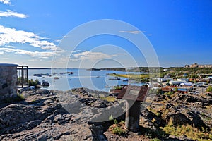 Yellowknife Old Town from the Rock with North Arm of Great Slave Lake in Morning Lake, Northwest Territories, Canada photo