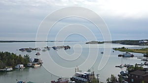 Yellowknife Bay and Jolliffe Island viewed from the top of the Pilot`s monument in Old Town, Y