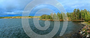 Landscape Panorama of Long Lake and Shoreline at Fred Henne Territorial Park, Yellowknife, Northwest Territories, Canada photo