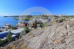 Yellowknife Old Town and Modern Highrise Buildings at North Arm of Great Slave Lake from the Rock, Northwest Territories, Canada