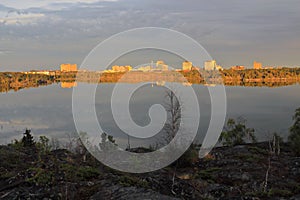 Yellowknife Skyline in Evening Sun across Frame Lake, Northwest Territories, Canada