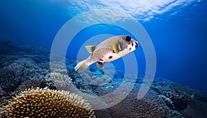 Yellow spotted Burrfish on a coral reef