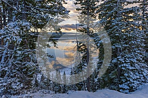 Yellowstone Lake Sunrise with Snow, Wyoming, USA