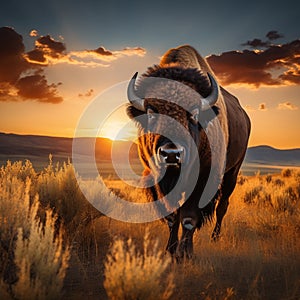 Yellowstone National Park Bison in the grassland at sunset