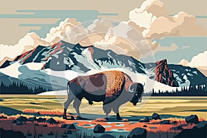 Yellowstone National Park Bison Mountain, Scene vector illustration