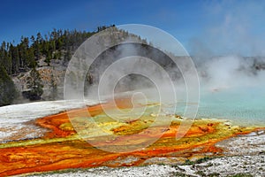 Yellowstone National Park, Colorful Run-off at Excelsior Geyser, Midway Geyser Basin, Wyoming, USA