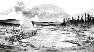 Yellowstone National Park illustration in black and white pencil sketch - made with Generative AI tools