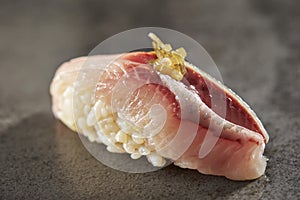 Yellowtail sushi close-up on gray background