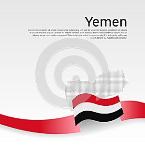 Yemen flag, mosaic map on white background. Wavy ribbon with the yemeni flag. Vector banner design, yemen national poster. Cover
