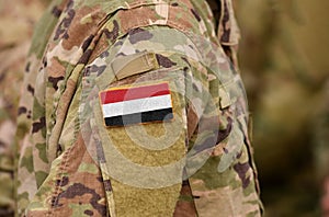 Yemen flag on soldiers arm. Republic of Yemen troops collage