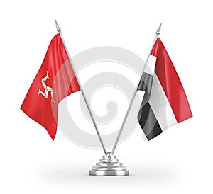 Yemen and Isle of Mann table flags isolated on white 3D rendering
