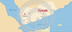 Yemen map with main cities Sana under the attack and Red sea. strikes Houthis in Yemen illustration. Colored map of