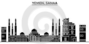 Yemen, Sanaa architecture vector city skyline, travel cityscape with landmarks, buildings, isolated sights on background