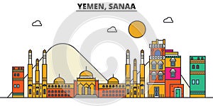 Yemen, Sanaa. City skyline architecture . Editable