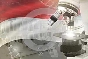 Yemen science development digital background - microscope on flag. Research of medicine design concept, 3D illustration of object