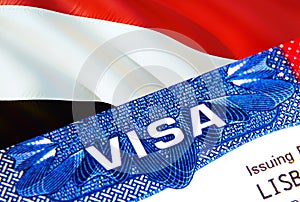 Yemen Visa in passport. USA immigration Visa for Yemen citizens focusing on word VISA. Travel Yemen visa in national
