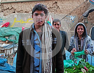 Yemeni boys selling qat, khat, green gold, plant, drug, leaf chewing, in the salt market of the Old City of Sana'a, suq, Yemen