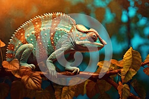 Yemeni chameleon isolated on large black background lizard on green leaf Brightly colored skin, colorful chameleons