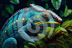 Yemeni chameleon isolated on large black background lizard on green leaf Brightly colored skin, colorful chameleons