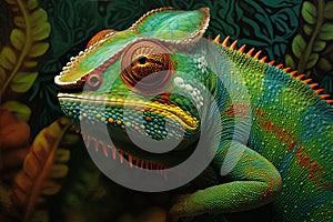 Yemeni chameleon isolated on large black background lizard on green leaf Brightly colored skin, colorful chameleons