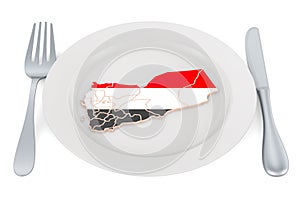 Yemeni cuisine concept. Plate with map of Yemen. 3D rendering