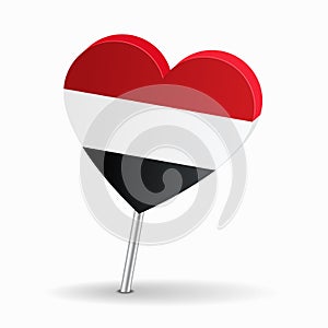 Yemeni flag heart-shaped map pointer layout. Vector illustration.