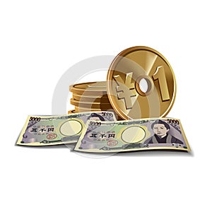 Yen banknotes and coins illustration, finan photo