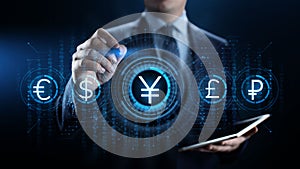 Yen currency sign icon on virtual screen. Forex trading business technology concept.